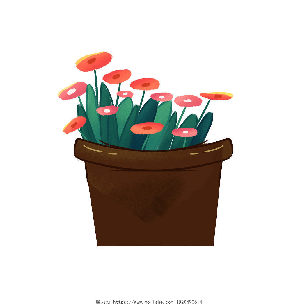彩色手绘卡通花盆植物盆栽花元素PNG素材
